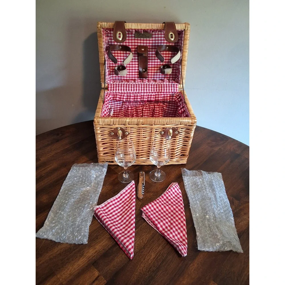 Picnic Time Wicker Picnic Basket Set for 2 Wine Glasses Cork Puller & Napkins